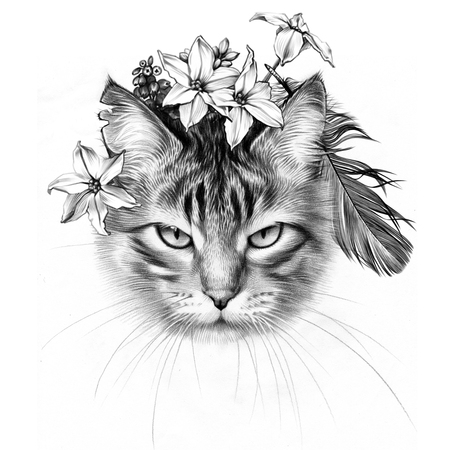 Cute March Cat. Pencil Drawing. Spring Flowers.の写真素材