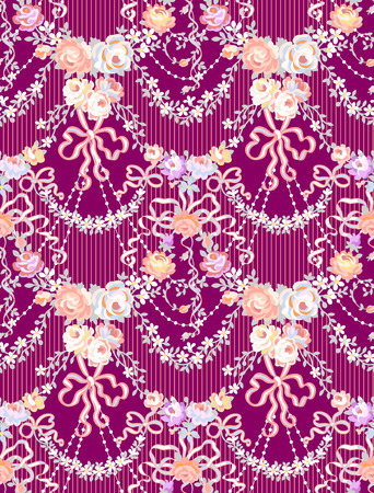 Romantic Roses Garland   Multicolor  Bow Seamless Patternのイラスト素材