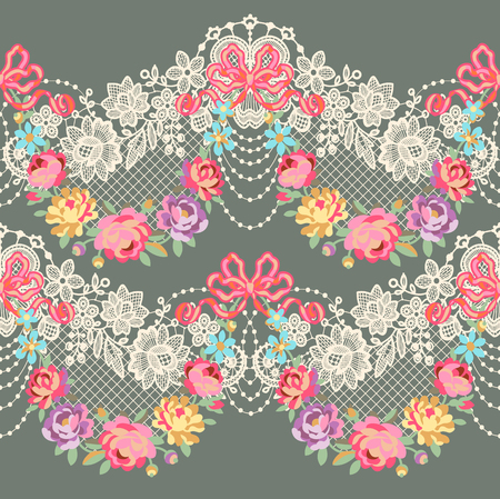 Lace Ribbon Romantic Floral Horizontal Vector Seamless Patternのイラスト素材