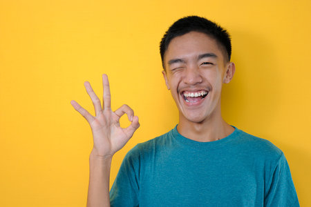 Portrait of cheerful asian man doing okay sign. Young Asian man smiling doing okay gesture, isolated...