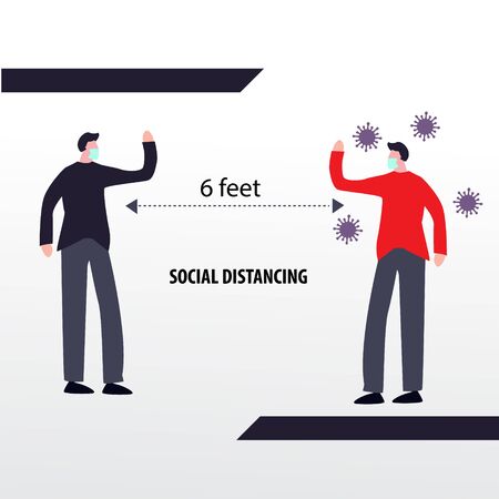Social distancing, keep distance in public society people to protect from COVID-19 coronavirus outbreak spreading concept, businessman and woman keep distance away in the meeting with virus pathogensのイラスト素材