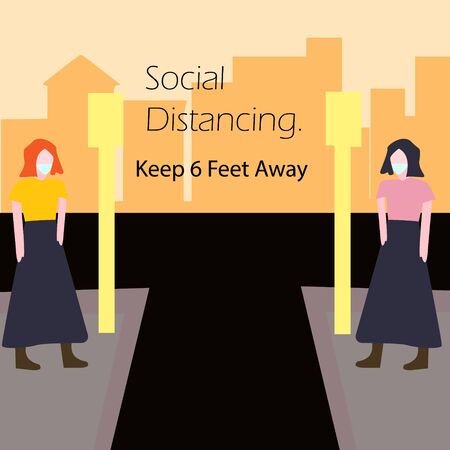 Social distancing, keep distance in public society people to protect from COVID-19 coronavirus outbreak spreading concept, businessman and woman keep distance away in the meeting with virus pathogensのイラスト素材