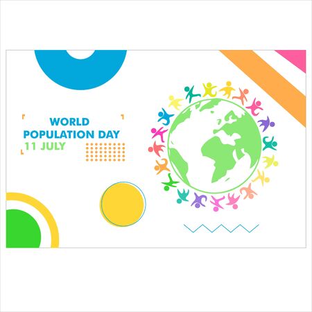 Vector illustration, banner or poster of world population day. People circled around Globeのイラスト素材