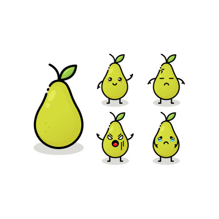 Cute vector set of pear fruit character in different action emotion. Collection of pear characters in different expressions, Funny fruit character isolated on white backgroundのイラスト素材