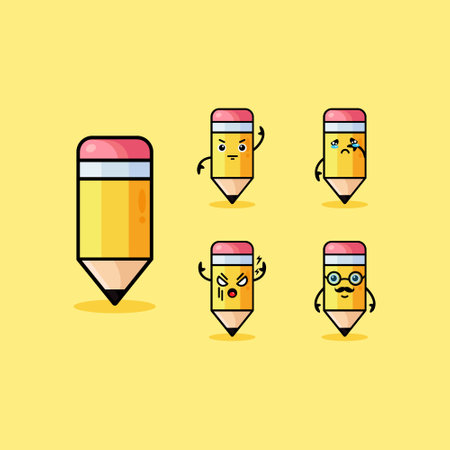 Set of happy cartoon pencils with books, backpack, glasses, graduation cap, vector illustration isolated on white background. Humanized funny pencils smiling, winking, giving okayのイラスト素材