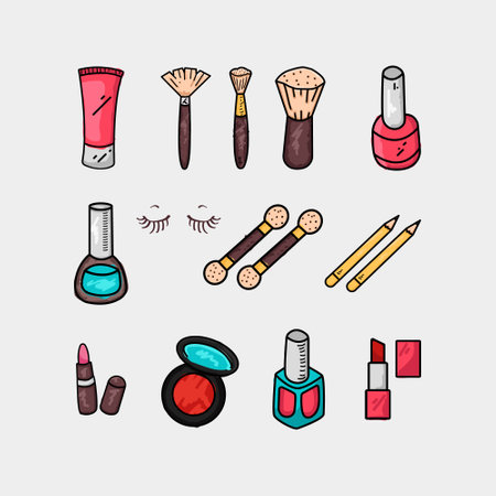 Vector sketch square banner with a round frame of cosmetic products. Design for cosmetics, fashion, beauty, makeup. Lipstick, perfume, brush, pencil, cream.のイラスト素材
