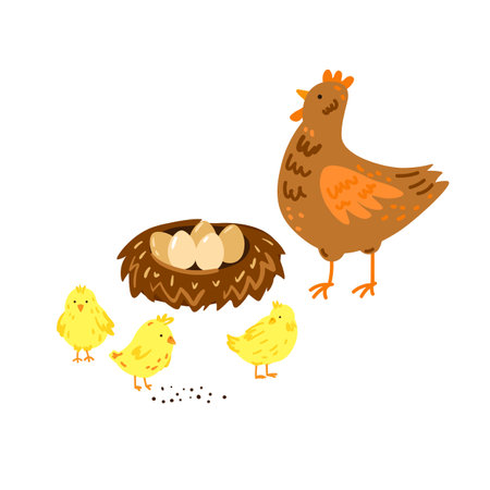 Vector illustration of hen, chicks and nest with eggsのイラスト素材