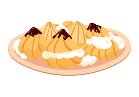 Lovely illustration of a plate with delicious profiteroles with creamのイラスト素材