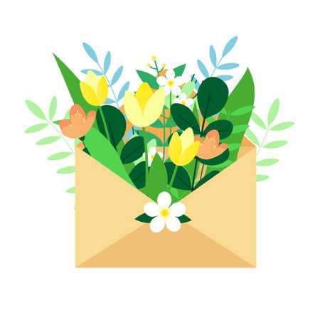 Vector illustration of Flower Bouquet in the Envelope. Decorative greeting card illustration with spring flowersのイラスト素材