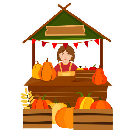 The saleswoman behind the wooden stall counter with pumpkinsのイラスト素材