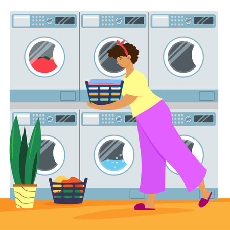 Illustration of happy young woman in self-service laundromat with clothesのイラスト素材