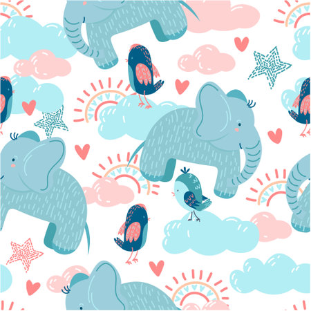 Decorative childish seamless pattern with adorable elephant and birds for wrapping paperのイラスト素材
