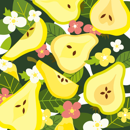 Decorative vector wallpaper or background with yellow pears and spring flowersのイラスト素材