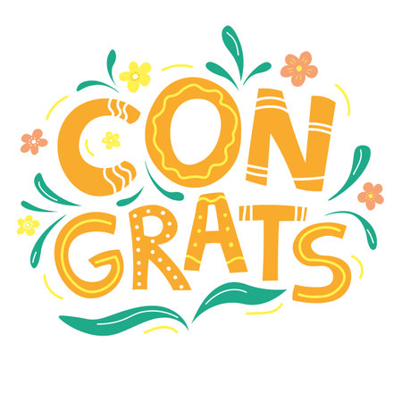 Decorative holiday greeting lettering. Vector Congrats lettering with flowersのイラスト素材
