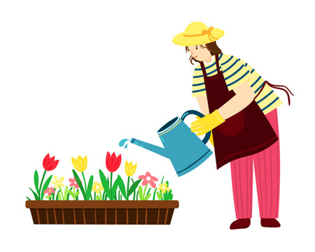 Vector illustration of happy girl - gardener watering a flower bed. Girl-gardener takes care of the gardenのイラスト素材