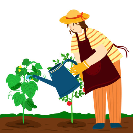 Cute vector illustration of happy gardener - girl watering vegetable seedlingsのイラスト素材