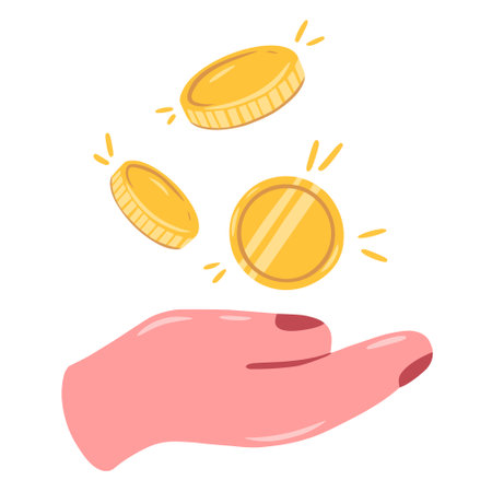 Gold coins falling on the hand. The concept of wealth, financial assistance and money savingsのイラスト素材