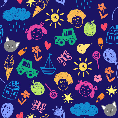 Childish seamless pattern with funny doodles on blue backgroundのイラスト素材