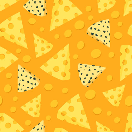 Seamless pattern with pieces and slices of cheeses on a cheese backgroundのイラスト素材