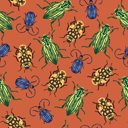 Seamless vector pattern with various colorful beetles on a terracotta backgroundのイラスト素材