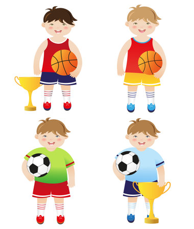 Set of illustrations of little boy athletes with balls and awards. Cute sports boysのイラスト素材