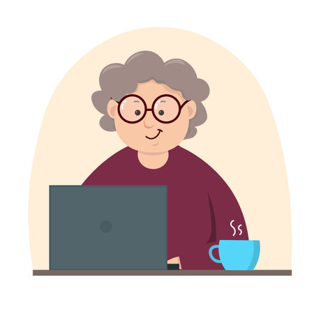 Happy grandma with laptop and tea cup. grandma working on laptopのイラスト素材