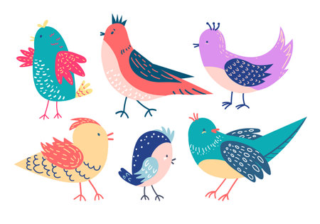 Set illustrations of cute and adorable colorful birdsのイラスト素材
