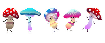 Groovy funny mushrooms in different poses. Dancing fly agaricsのイラスト素材
