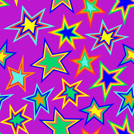 Seamless pattern with colorful retro style stars on violet background. Colorful bright retro pattern 1970 styleのイラスト素材