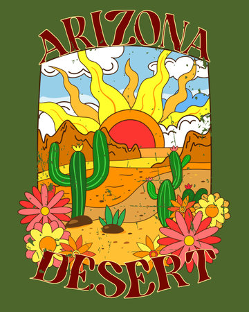 Arizona desert vector print design for t shirt and others. Retro vintage art with Arizona desert and cactus. Arizona desert retro vibes printのイラスト素材
