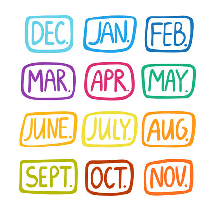 Hand drawn doodle vector lettering of the months of the year. Set of decorative colorful doodle lettering of different months of the yearのイラスト素材