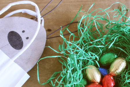 Easter decoration with bunny and chocolate eggs at Easter
