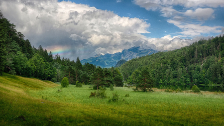Obersee lake near Fuessen in the Bavarian Alpsの写真素材