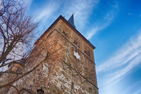 Old church tower in the historical center of Ratingen in Germanyの写真素材
