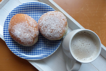 German donuts with jam fill and coffeeの写真素材