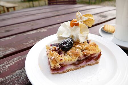 Prune cake with whipped cream and coffeeの写真素材
