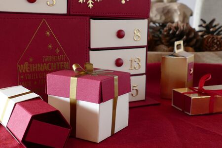 Self-made advent calendar and christmas gift boxesの写真素材