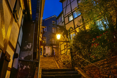 Stair in the historical center of Essen Kettwig at nightのeditorial素材