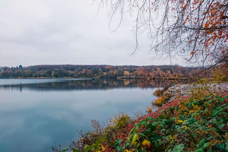 Trailing pond in a recultivated limestone quarry near TÃ¶nisheide in autumnの写真素材
