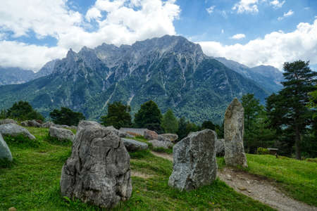 Vantage point on the hiking trail and Karwendel mountains near Mittenwaldの写真素材