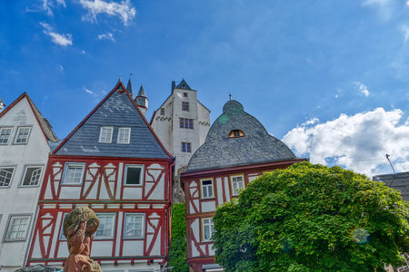 Market place and historical half-timbered houses in the old center of Diez by the river Lahnのeditorial素材
