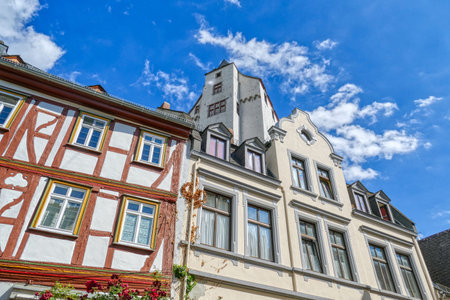 Historical half-timbered houses and Grafenschloss castle in Diezのeditorial素材