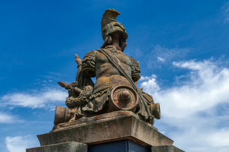 Stone sculpture on the historical bridge across the river Rhine in Mainzの写真素材