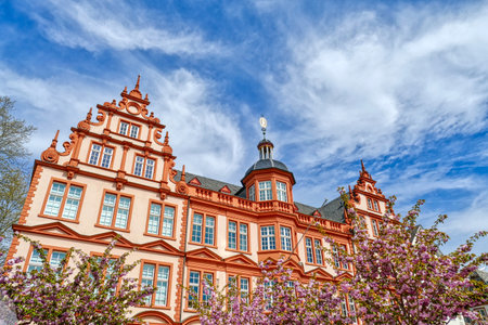 Historical colorful facade at the market square in the old center of Mainz in springのeditorial素材