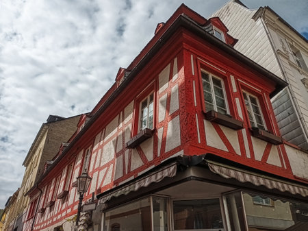 Historical half-timbered house and lantern in Boppardのeditorial素材