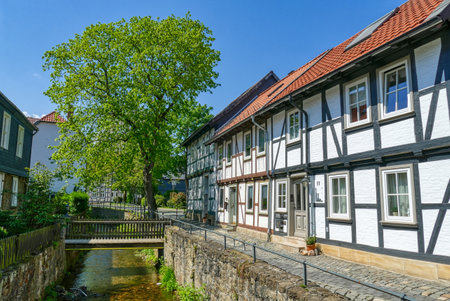 Romantic historical half-timbered houses by the river Breeding in Goslarのeditorial素材