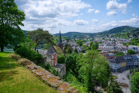 View from the Saarburg castle ruins at the old center and the historical churchのeditorial素材