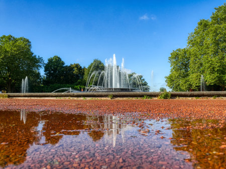 Fountain in a park in the north of Dusseldorfの写真素材
