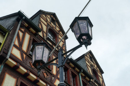 Historical half-timbered house and lantern in Oberwesel by the river Rhineのeditorial素材