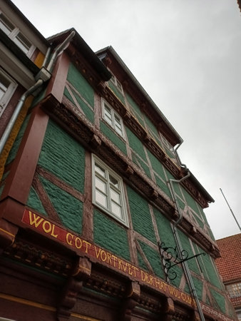 Green historical half-timbered facade in Celleのeditorial素材